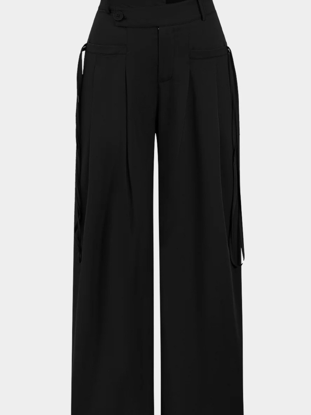 Wide-Leg High-Waist Black Women's Trousers with Utility Pockets